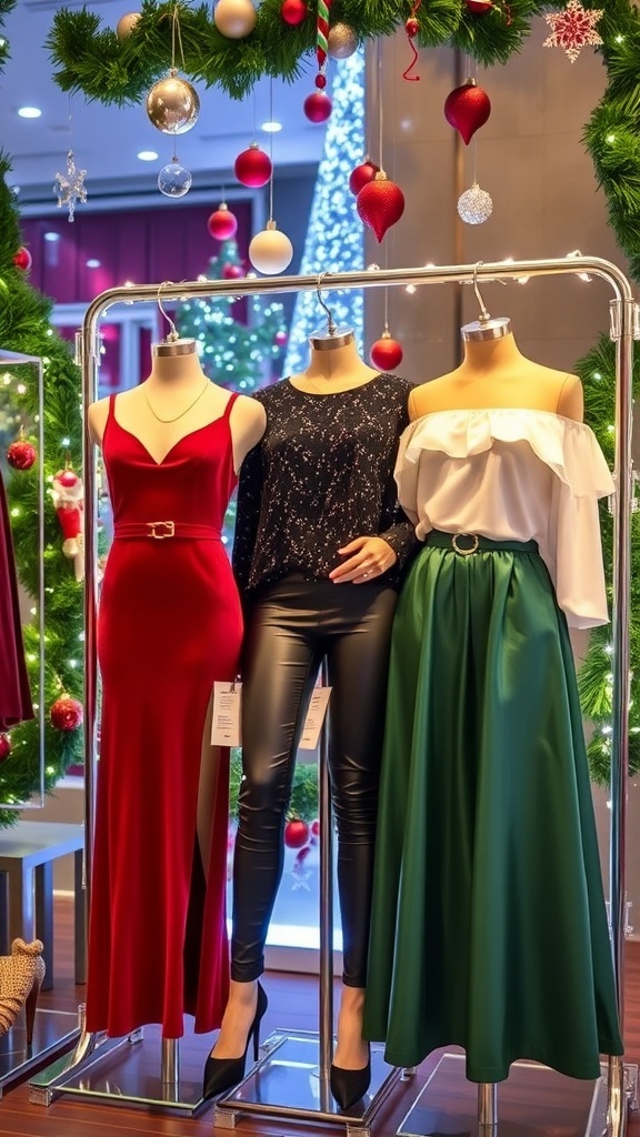 Stylish Christmas Outfit Ideas for a Baddie Look A collection of trendy Christmas outfits including a red dress, leather pants, and a green skirt, set against a festive backdrop.